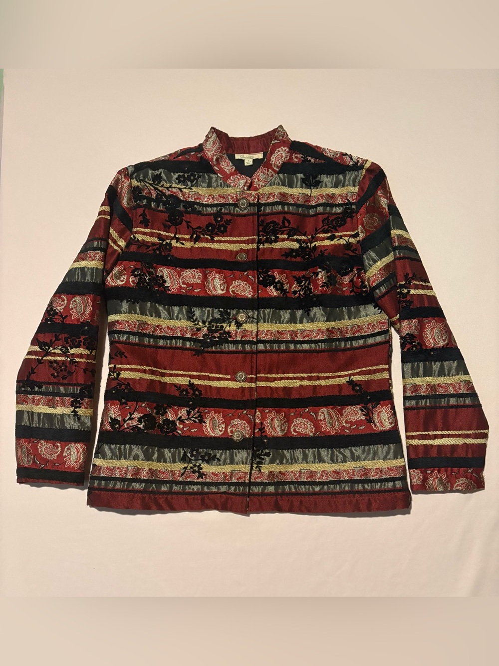 Vintage Boho Striped Tapestry Jacket | Mandarin Collar Button-Down